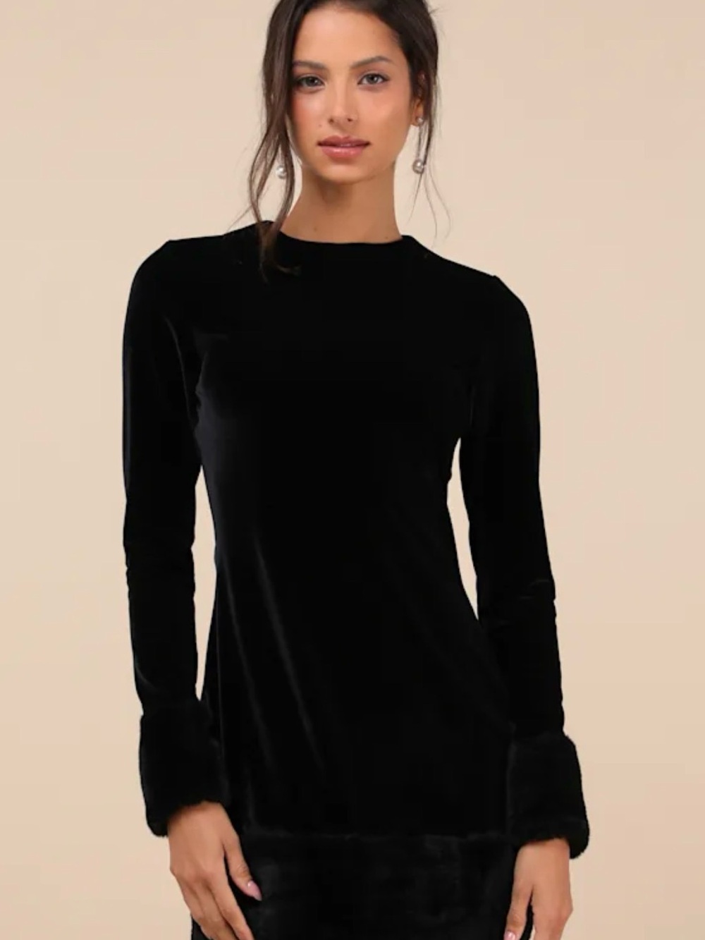 Rare London Opulent Charm Black Velvet Faux Fur Trim Mini Dress